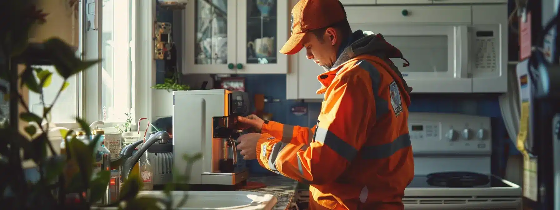 a technician in a bright orange uniform carefully checking a gas meter inside a cozy home kitchen.