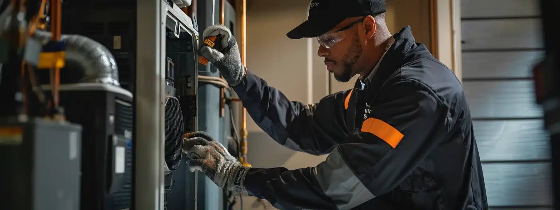 a technician inspecting and cleaning a furnace filter in a cozy home setting.