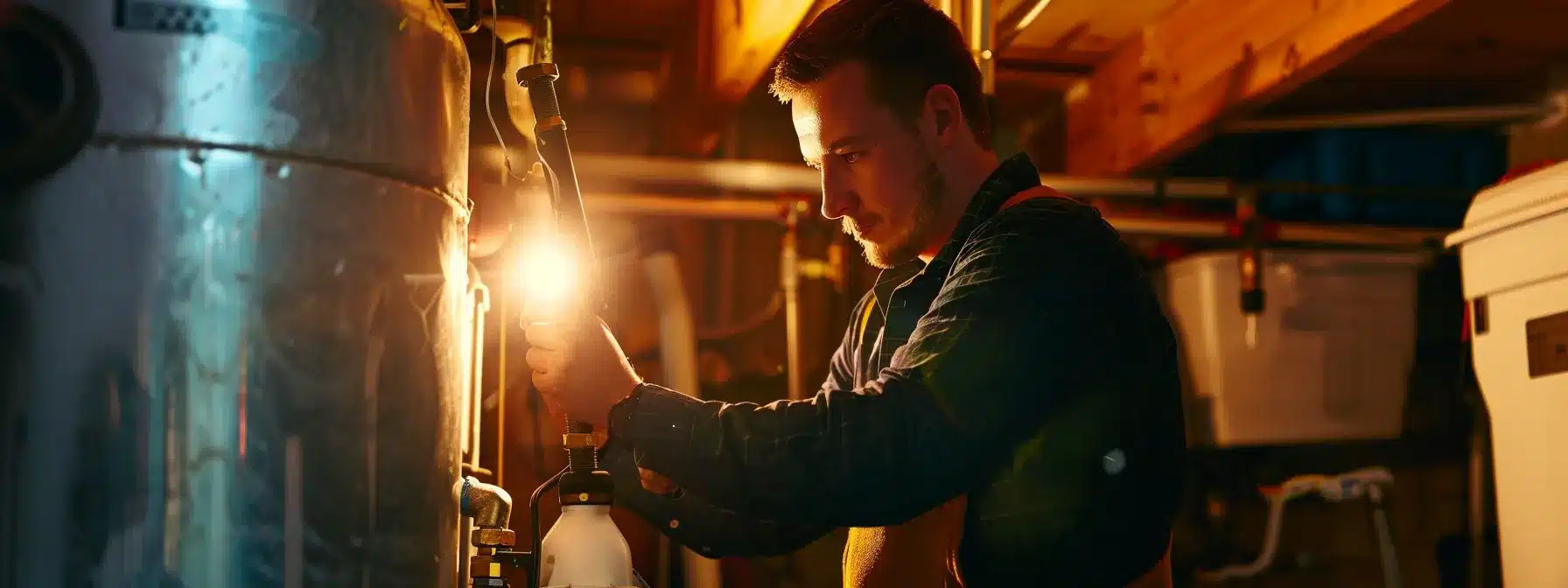 a skilled plumber examining a hot water tank with precision tools in a dimly lit utility room.