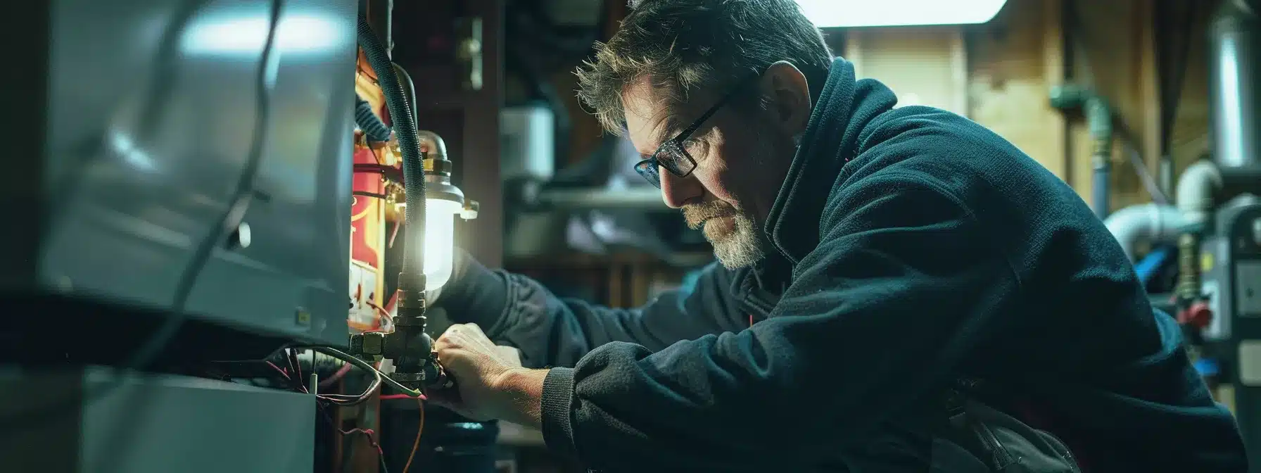 a technician inspecting a furnace system with intricate components in a cochrane home, highlighting the importance of expert service for safety and efficiency.