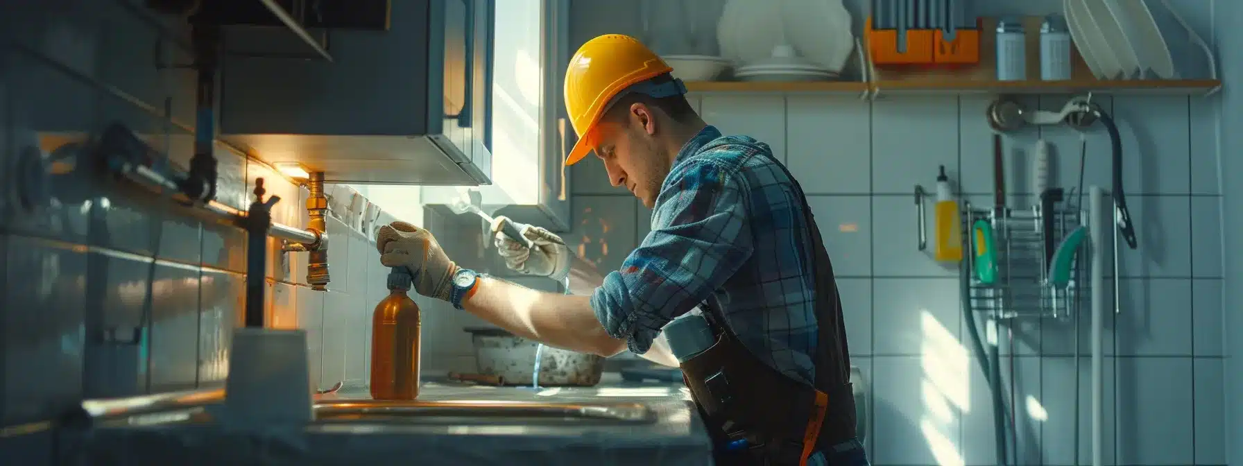 a skilled plumber expertly installing pipes in a modern kitchen.