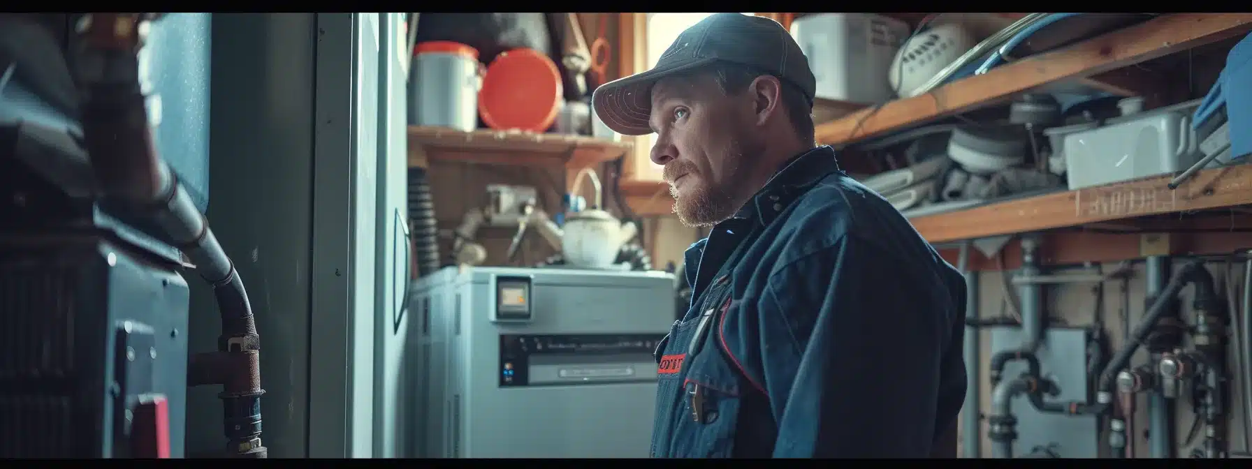 a professional plumber in coveralls inspecting a furnace in a cozy home setting.