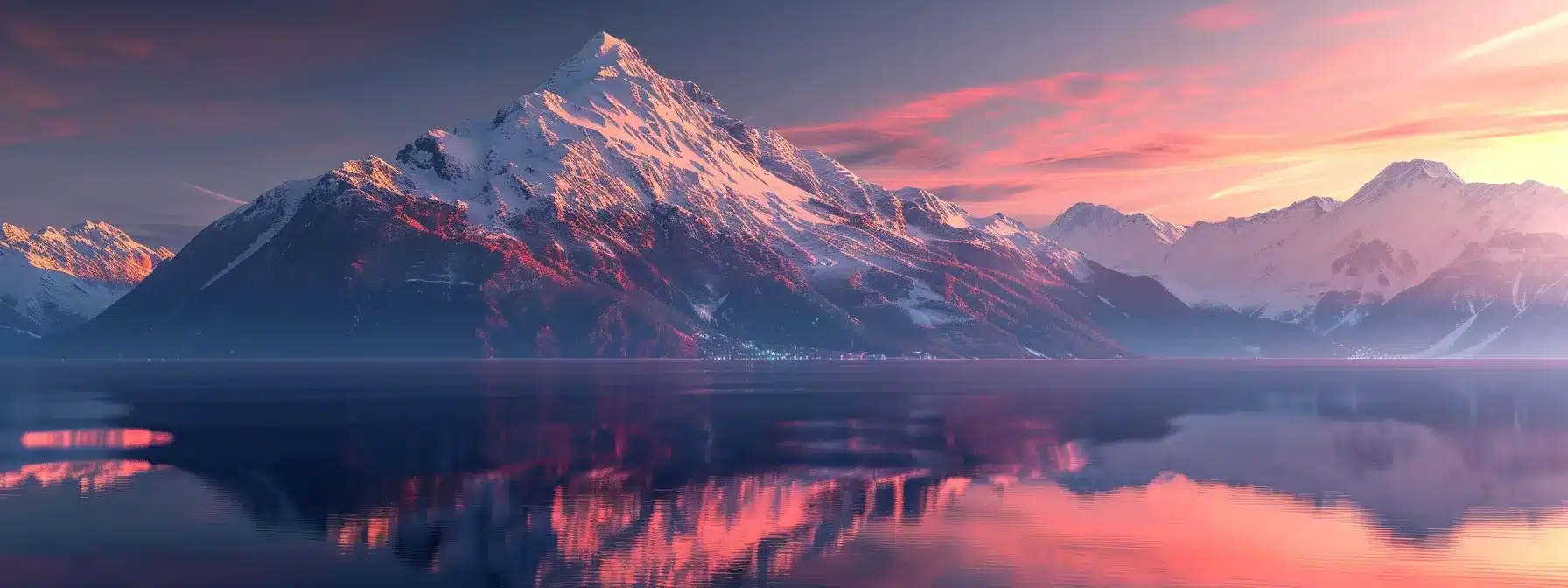 a majestic snow-capped mountain peak towering over a serene alpine lake, reflecting the vibrant colors of a breathtaking sunset.