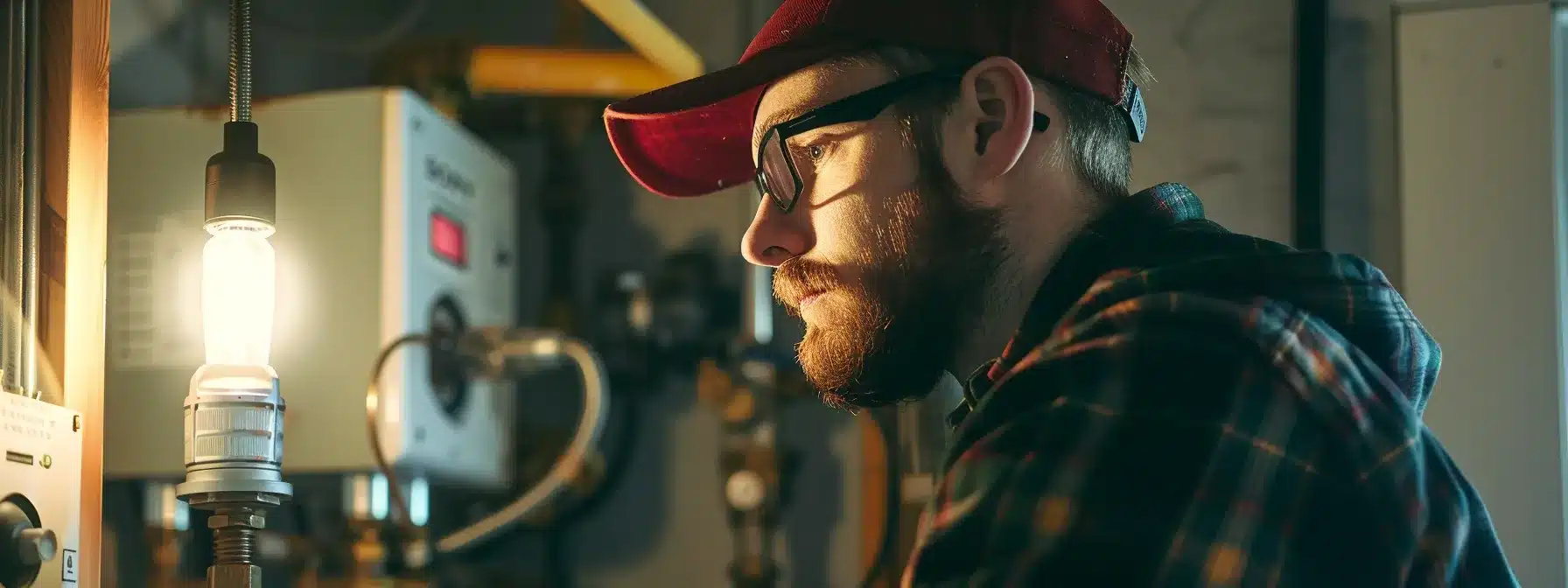 a certified gas technician carefully inspecting a pilot light with precision and expertise in a well-lit and orderly utility room in cochrane.