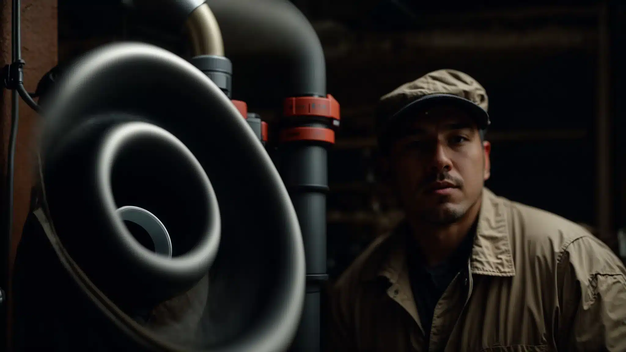 a close-up shot of a plumber insulating exposed pipes in a dimly lit basement.