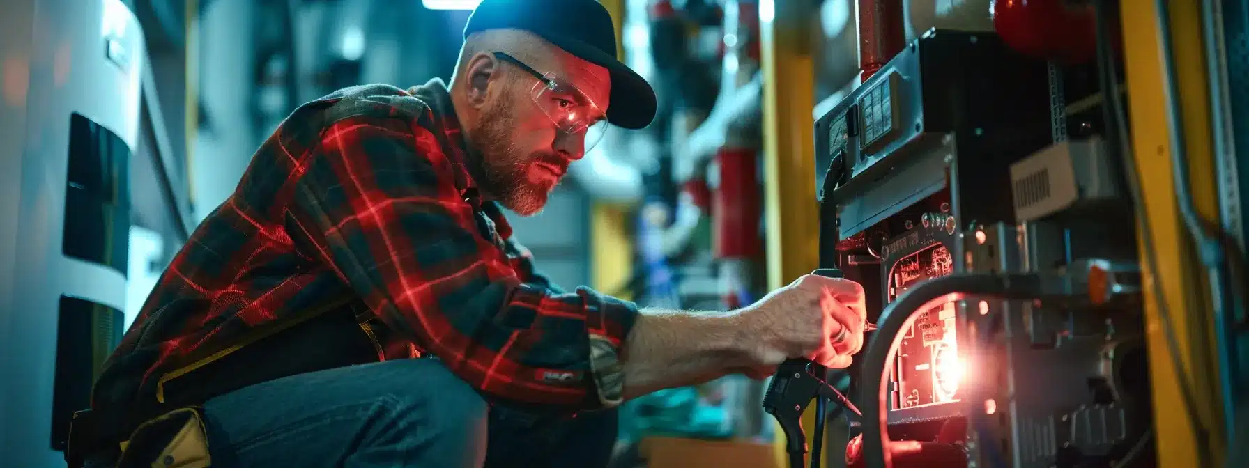 a skilled tradesman in cochrane, confidently inspecting a furnace's thermocouple with a toolbox by his side.