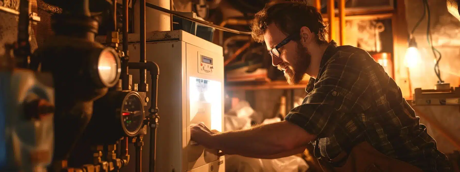 a technician checking and servicing a boiler in a cozy, well-lit basement workshop.