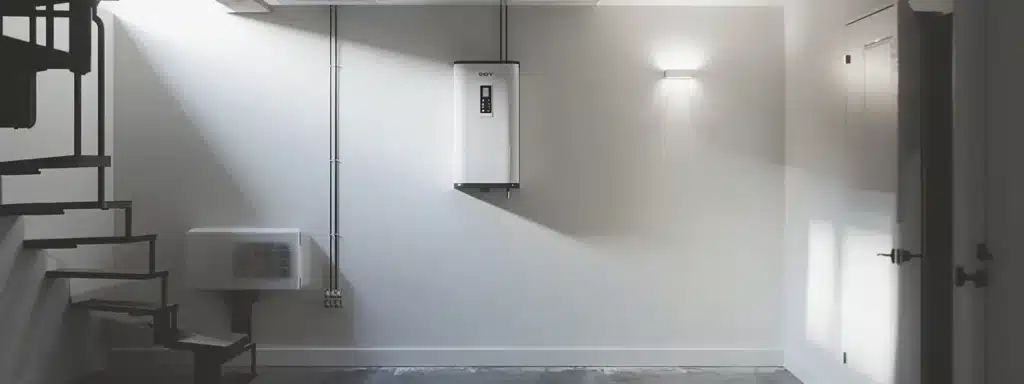 a modern, sleek tankless hot water system mounted on a clean, white wall, contrasting with an old, bulky traditional hot water tank in a cluttered corner of a basement.