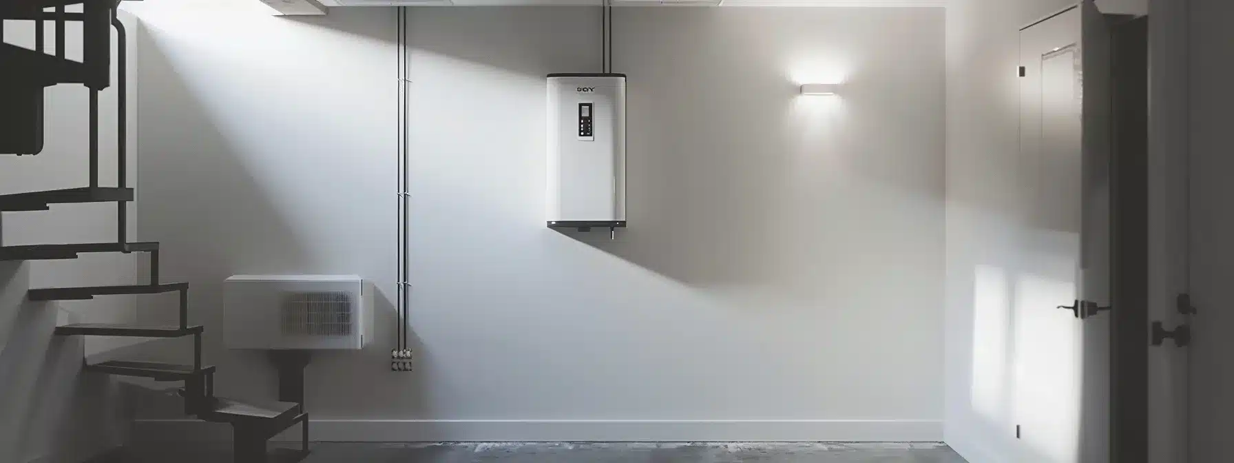 a modern, sleek tankless hot water system mounted on a clean, white wall, contrasting with an old, bulky traditional hot water tank in a cluttered corner of a basement.