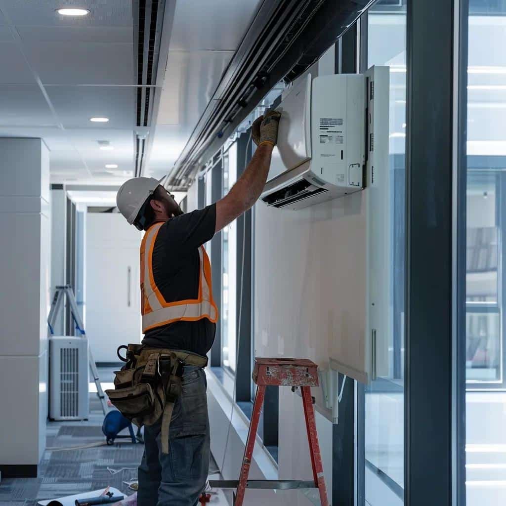 a modern, well-lit office space showcases a skilled technician meticulously installing a sleek air conditioning unit on a wall, embodying precision and expertise in the air conditioning installation process.