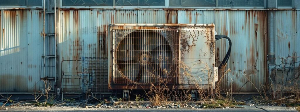 a dilapidated outdoor condenser unit, rusted and covered in grime, sits prominently in a stark urban landscape, emphasizing the urgent need for maintenance and repair in an industrial setting.